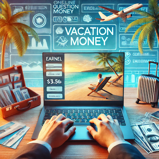Person earning vacation money through online question-answering platforms on a laptop