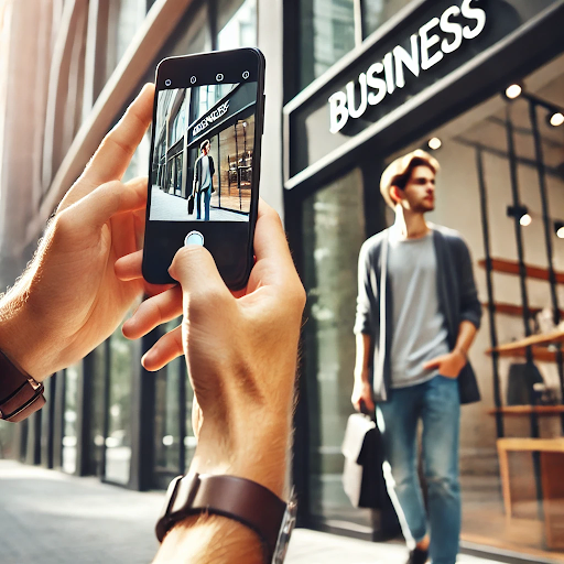 Person using smartphone to photograph storefront for Local Photo Scout side hustle payment