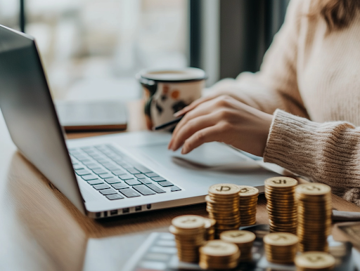a woman on her laptop with coins and cash on her side