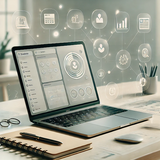 A laptop displaying a digital template in progress, surrounded by icons representing various template types, symbolizing the simplicity of starting a digital template side hustle.