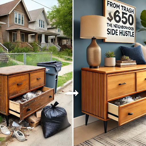 Neighborhood rescue side hustle success story showing furniture transformation from trash to treasure worth $650