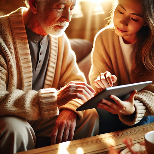 Person helping senior citizen use a tablet device for tech support side hustle