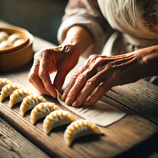 Grandmother's hands demonstrating traditional dumpling folding technique for recipe video side hustle
