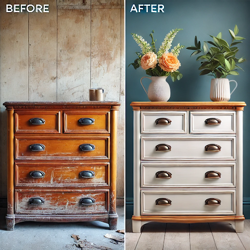 Before and after transformation of free Facebook Marketplace furniture flipping side hustle