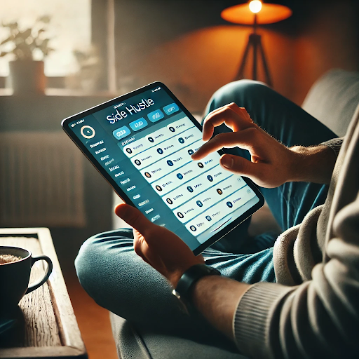 A person sorting digital content on a tablet while relaxing on a couch.