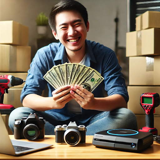 Person displaying earnings from renting household items through an invisible listing technique