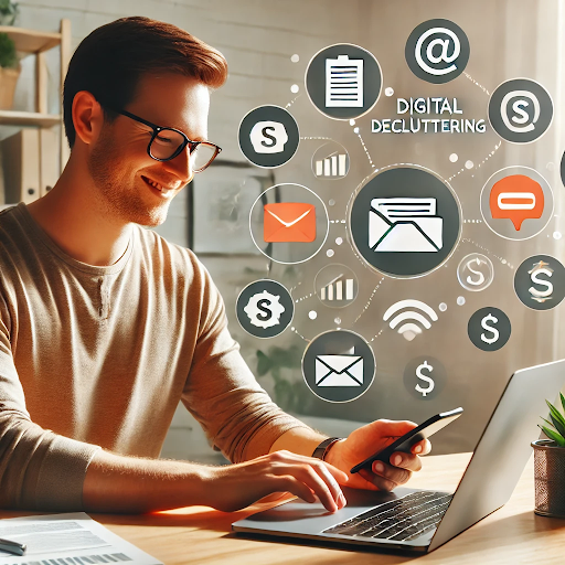 Person earning money through digital decluttering side hustle on laptop and smartphone
