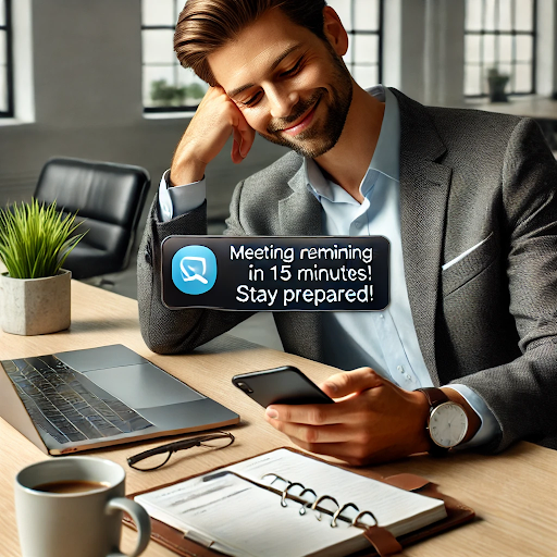 Entrepreneur managing virtual reminder service on a smartphone with client notifications and payment dashboard