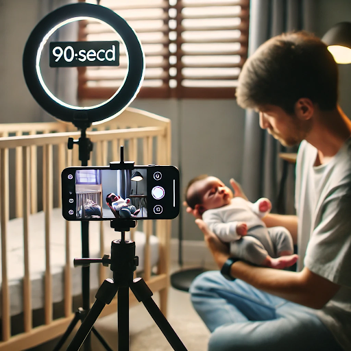 Parent creating profitable micro-tutorials during baby's naptime using minimal equipment - smartphone filming setup with sleeping child