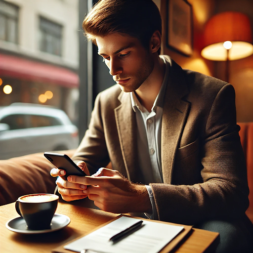 Young professional earning money on smartphone during waiting time at cafe