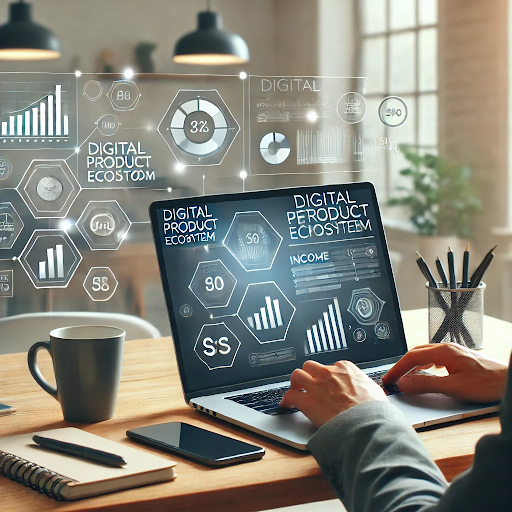 Digital entrepreneur working on the laptop with multiple product ecosystem flowcharts and income dashboards visible
