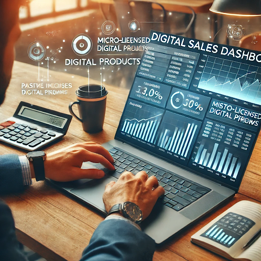 Professional entrepreneur reviewing digital sales dashboard showing passive income from micro-licensed digital products