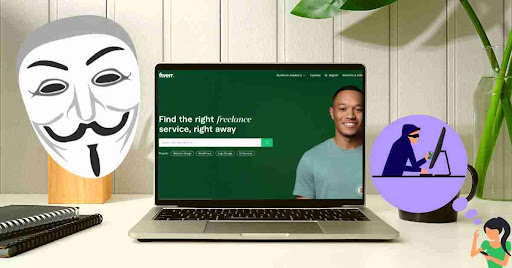 A laptop on a table displaying the homepage of Fiverr