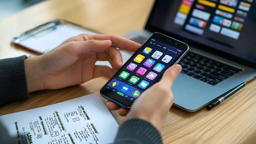 A person holding a smartphone displaying various money-making apps with a laptop on the table, representing passive income from mobile apps