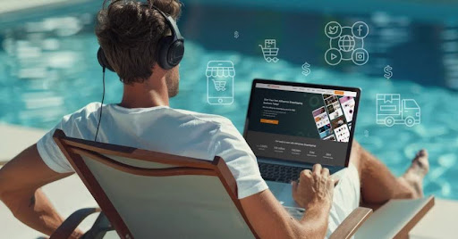 A workspace with a laptop displaying a digital product being created, coffee cup, and notebook. Alt text: "Professional creating profitable digital products on laptop for passive income side hustle