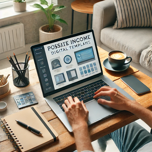 Entrepreneur building Template Empire business on laptop while earning passive income from digital templates