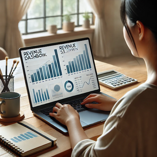 Woman entrepreneur reviewing sales dashboard on the laptop showing digital product revenue growth