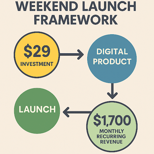 Weekend Launch Framework process diagram showing $29 initial investment transformed into $1,700 monthly recurring revenue through strategic digital product creation