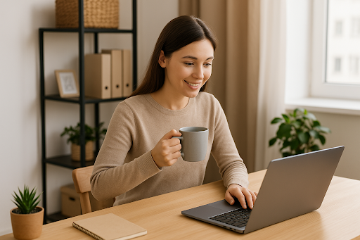 Woman checking passive income earnings on laptop while enjoying coffee in home office