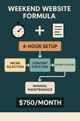 Weekend Website Formula passive income strategy diagram showing 4-hour setup process and $750 monthly revenue potential