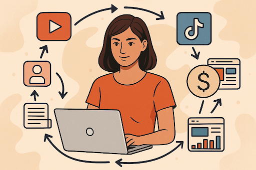 Woman implementing content synergy system across multiple digital platforms to generate passive income