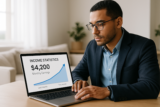 Professional working remotely on laptop with income statistics showing $4,200 monthly earnings growth within one month
