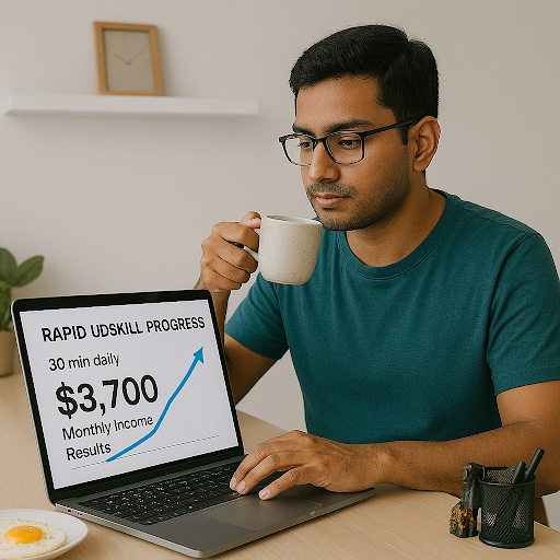 Professional implementing rapid upskill method for 30 minutes daily, showing $3,700 monthly income results