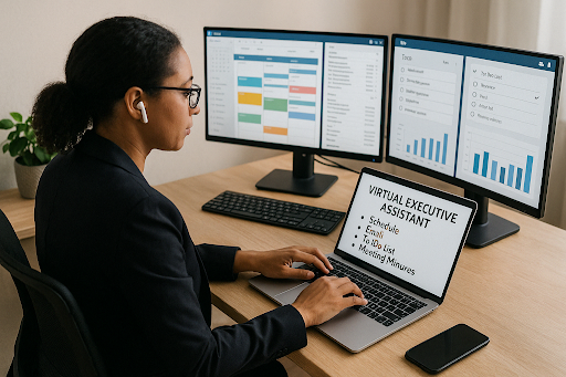 Professional virtual executive assistant managing tasks on multiple screens while working remotely