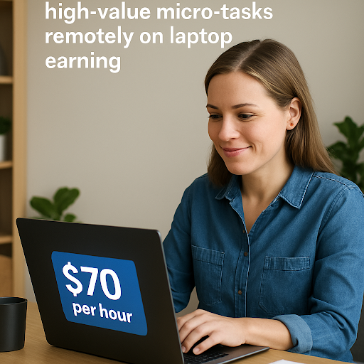 Former retail worker performing high-value micro-tasks remotely on laptop earning $70 per hour