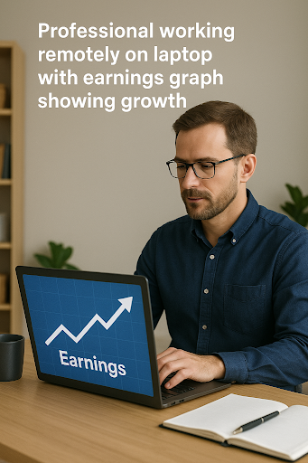Professional working remotely on laptop with earnings graph showing growth
