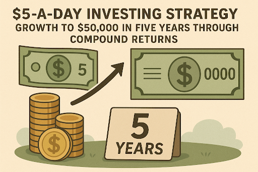 $5-a-day investing strategy showing growth to $50,000 in five years through compound returns