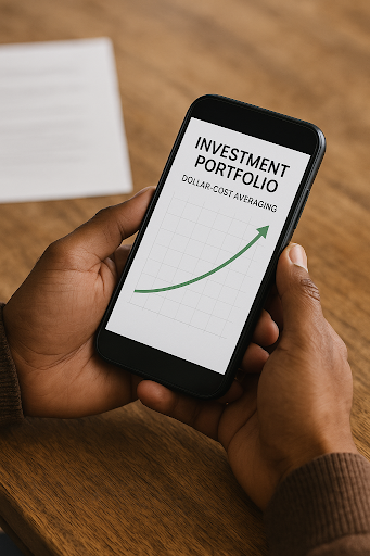 Person reviewing investment portfolio on smartphone showing growth chart from dollar-cost averaging strategy