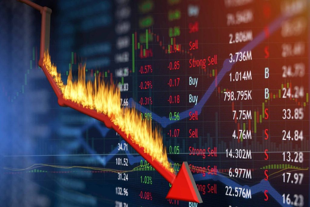 Investment loss and price falling in the red. Plummeting values.